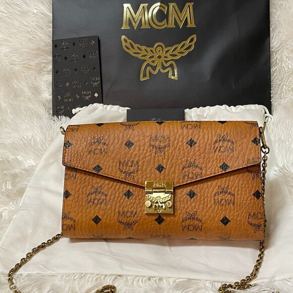 MCM Visetos Logo Soft Cognac Leather Crossbody Bag WITH Gold Hardware- 🔥 - Picture 1 of 10